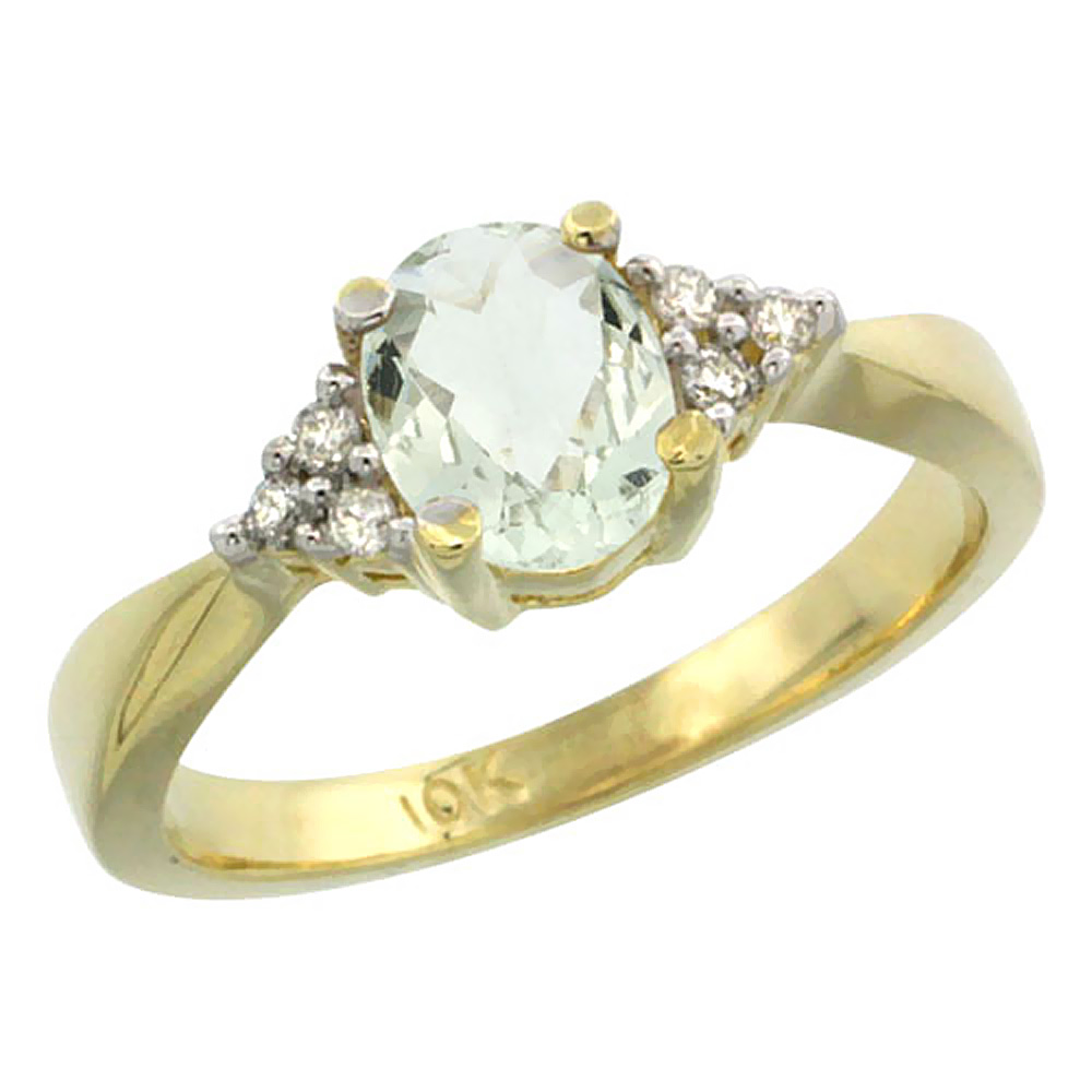 10K Yellow Gold Diamond Genuine Green Amethyst Engagement Ring Oval 7x5mm sizes 5-10