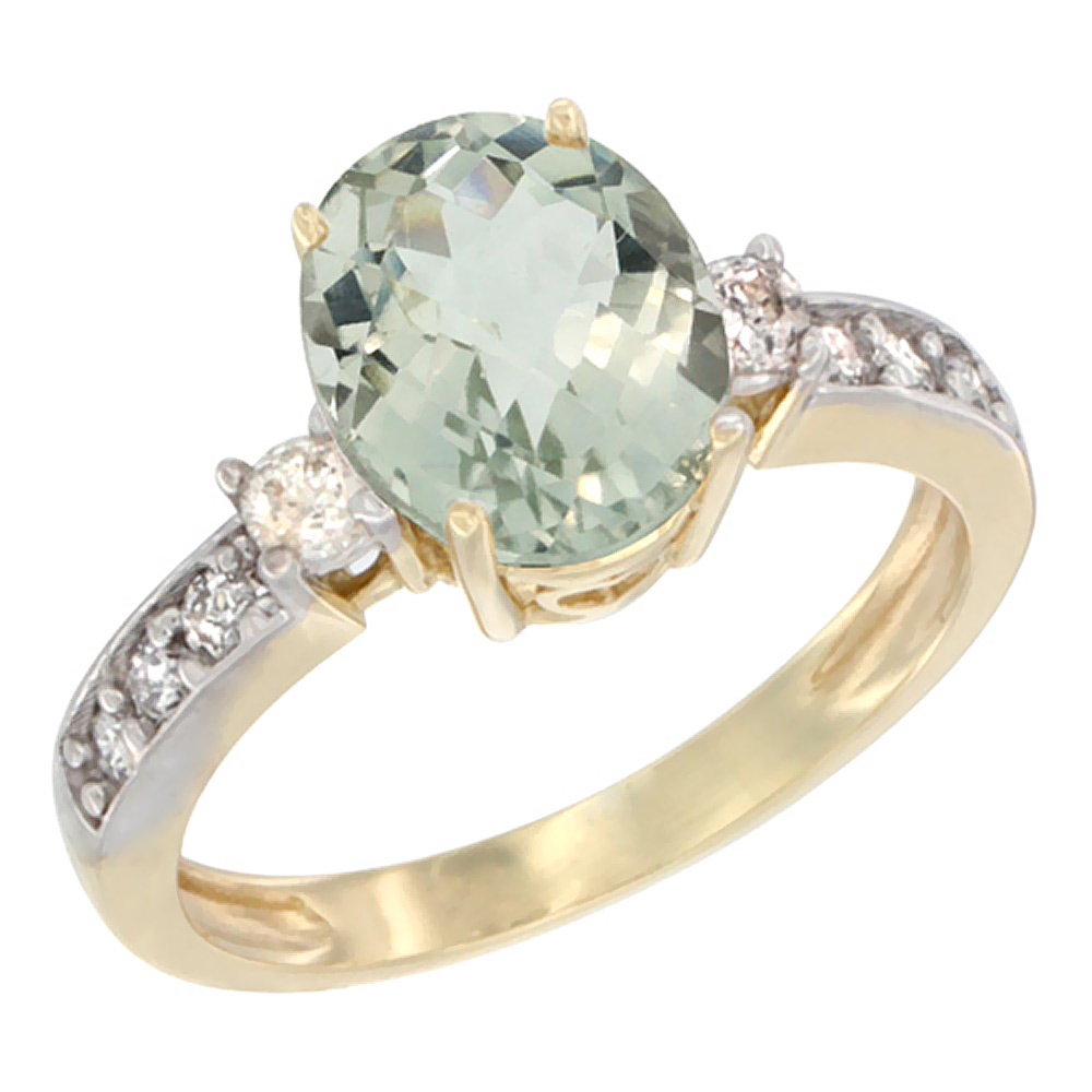 10K White Gold Genuine Green Amethyst Ring Oval 9x7 mm Diamond Accent sizes 5 - 10
