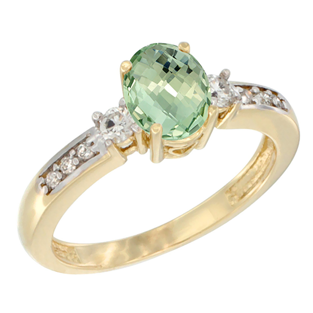 10K White Gold Diamond Genuine Green Amethyst Engagement Ring Oval 7x5 mm sizes 5 - 10