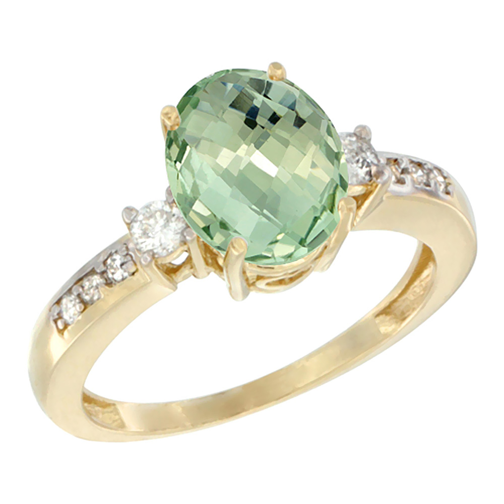 10k Yellow Gold Genuine Green Amethyst Ring Oval 9x7 mm Diamond Accent sizes 5 - 10