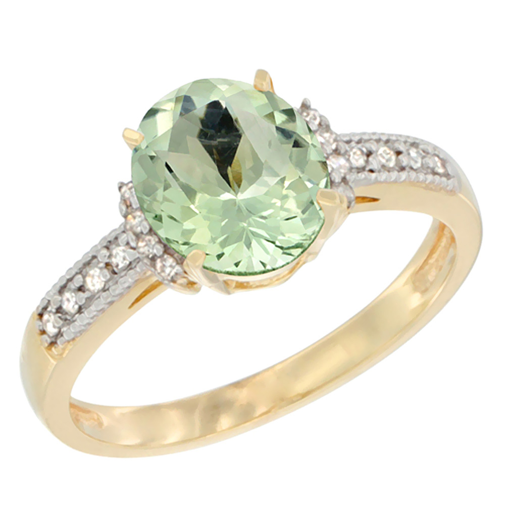 10K Yellow Gold Genuine Green Amethyst Ring Oval 9x7 mm Diamond Accent sizes 5 - 10