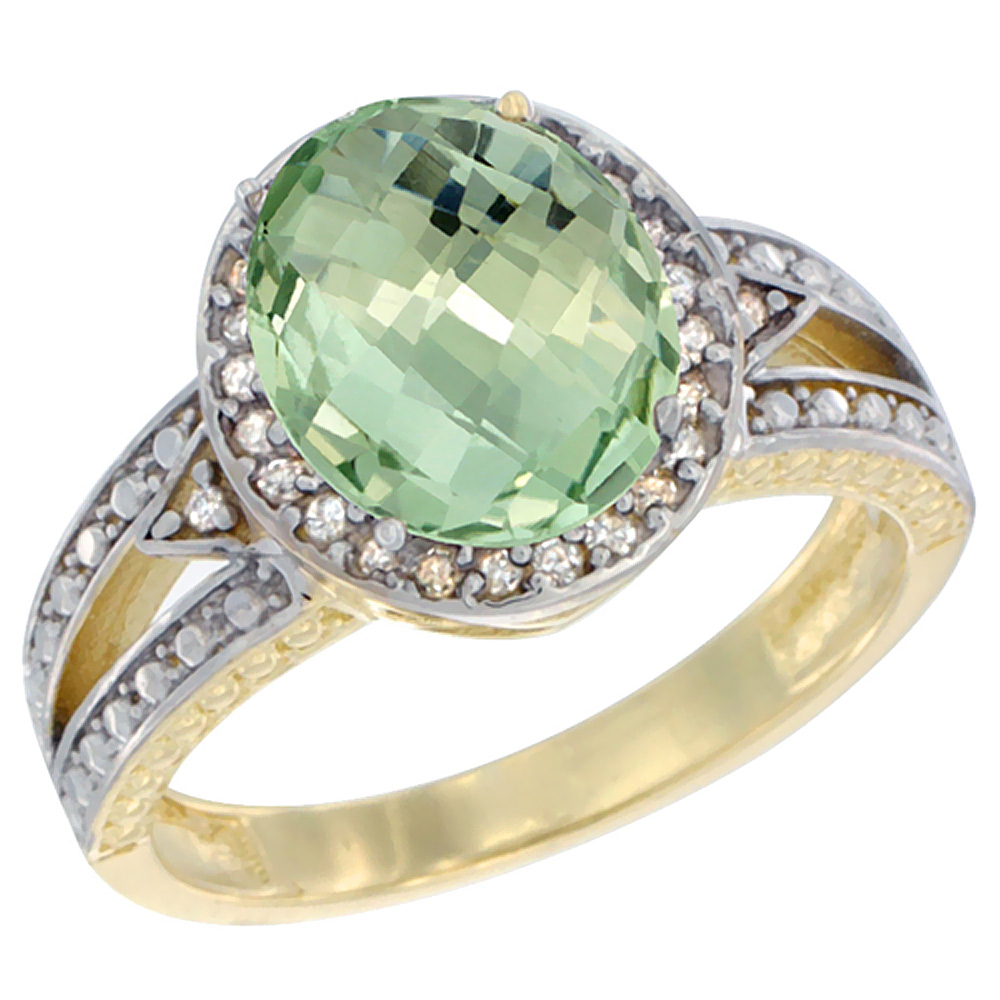 10k Yellow Gold Diamond Halo Genuine Green Amethyst Ring Oval 9x7 mm sizes 5 - 10