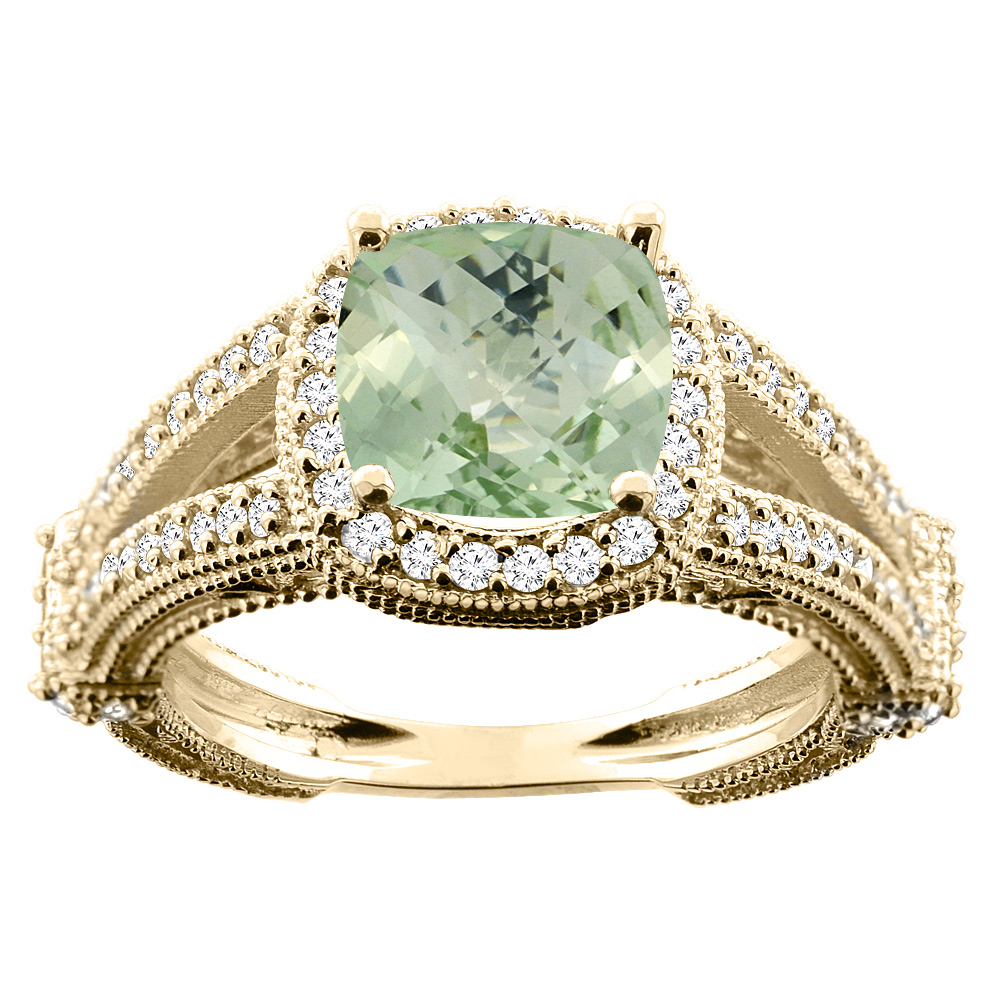 10K White/Yellow/Rose Gold Genuine Green Amethyst Cushion 8x8mm Diamond Accent 3/8 inch wide sizes 5 - 10