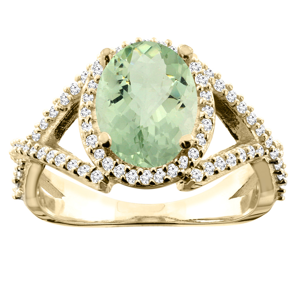 10K White/Yellow/Rose Gold Genuine Green Amethyst Ring Oval 10x8mm Diamond Accent sizes 5 - 10