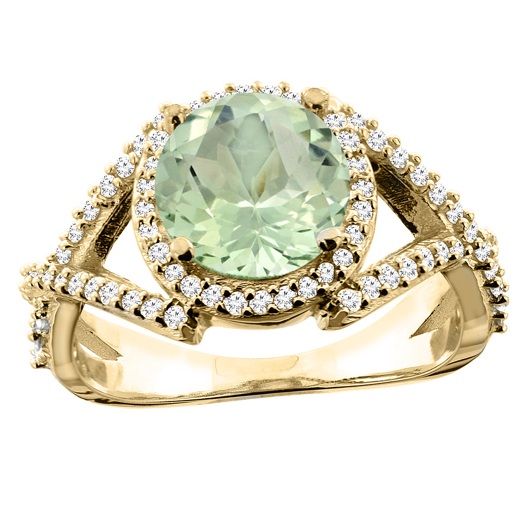 10K White/Yellow/Rose Gold Genuine Green Amethyst Ring Round 8mm Diamond Accent sizes 5 - 10