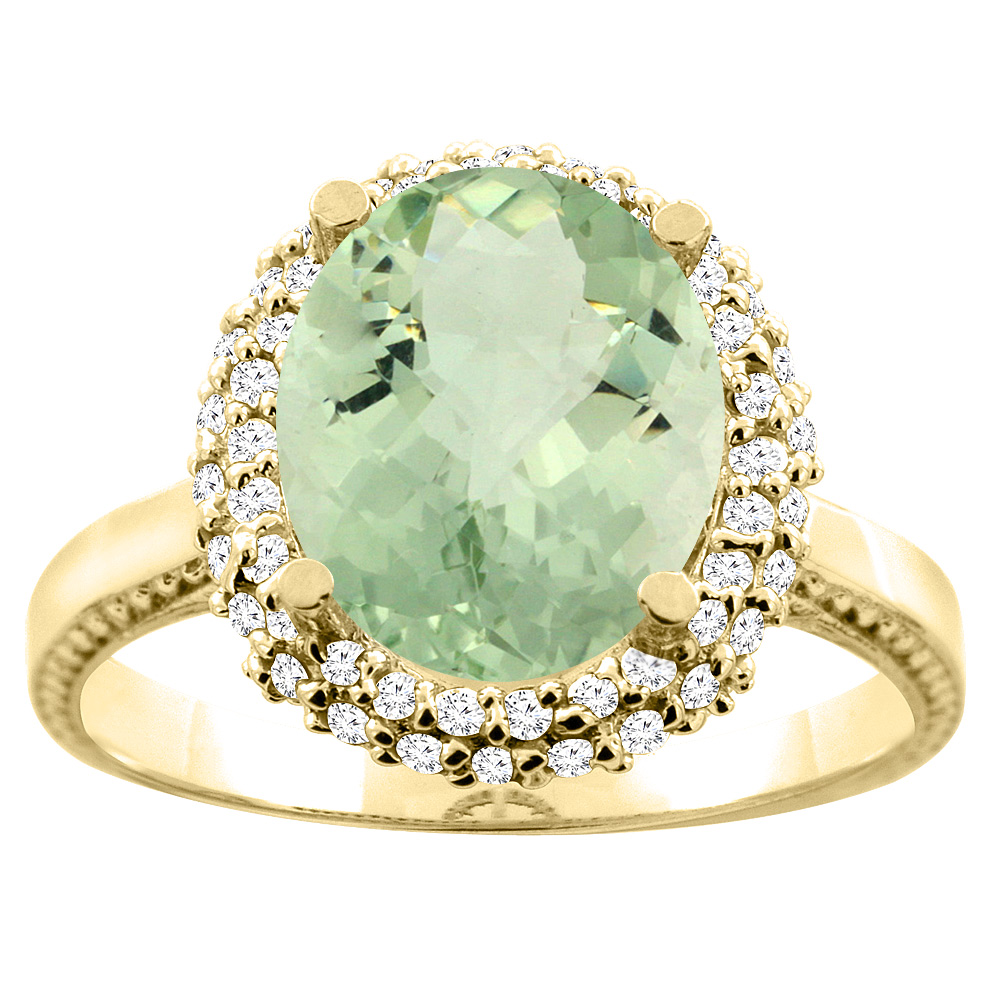 10K White/Yellow Gold Diamond Halo Genuine Green Amethyst Double Ring Oval 10x8mm Accent sizes 5 - 10