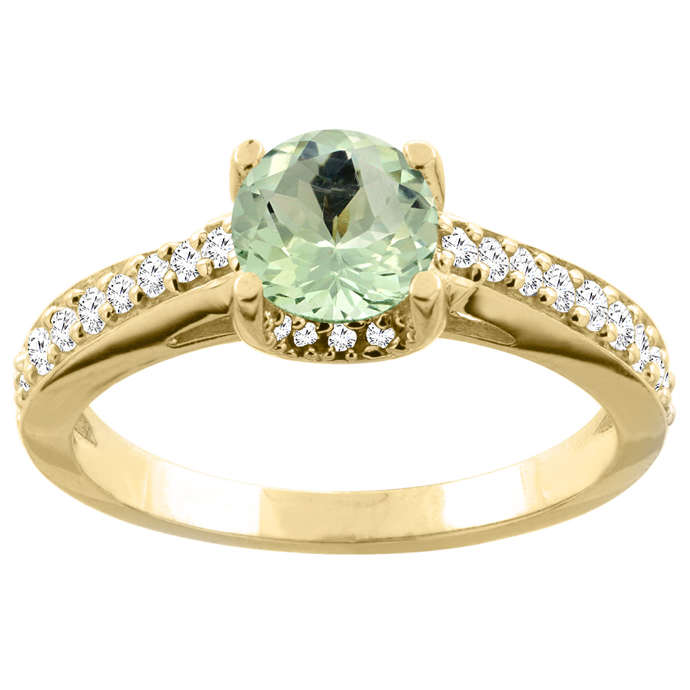 10K White/Yellow Gold Genuine Green Amethyst Ring Round 6mm Diamond Accents 1/4 inch wide sizes 5 - 10