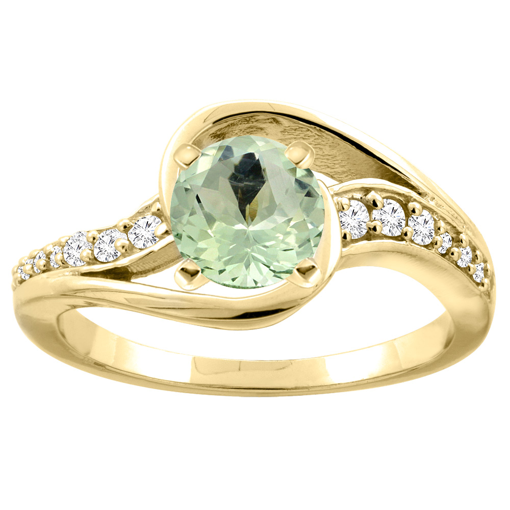10K White/Yellow Gold Genuine Green Amethyst Bypass Ring Round 6mm Diamond Accent sizes 5 - 10
