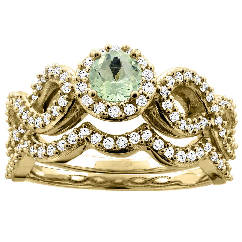 10K White Gold Diamond Halo Genuine Green Amethyst Engagement Ring Round 5mm 2-piece Accents sizes 5 - 10