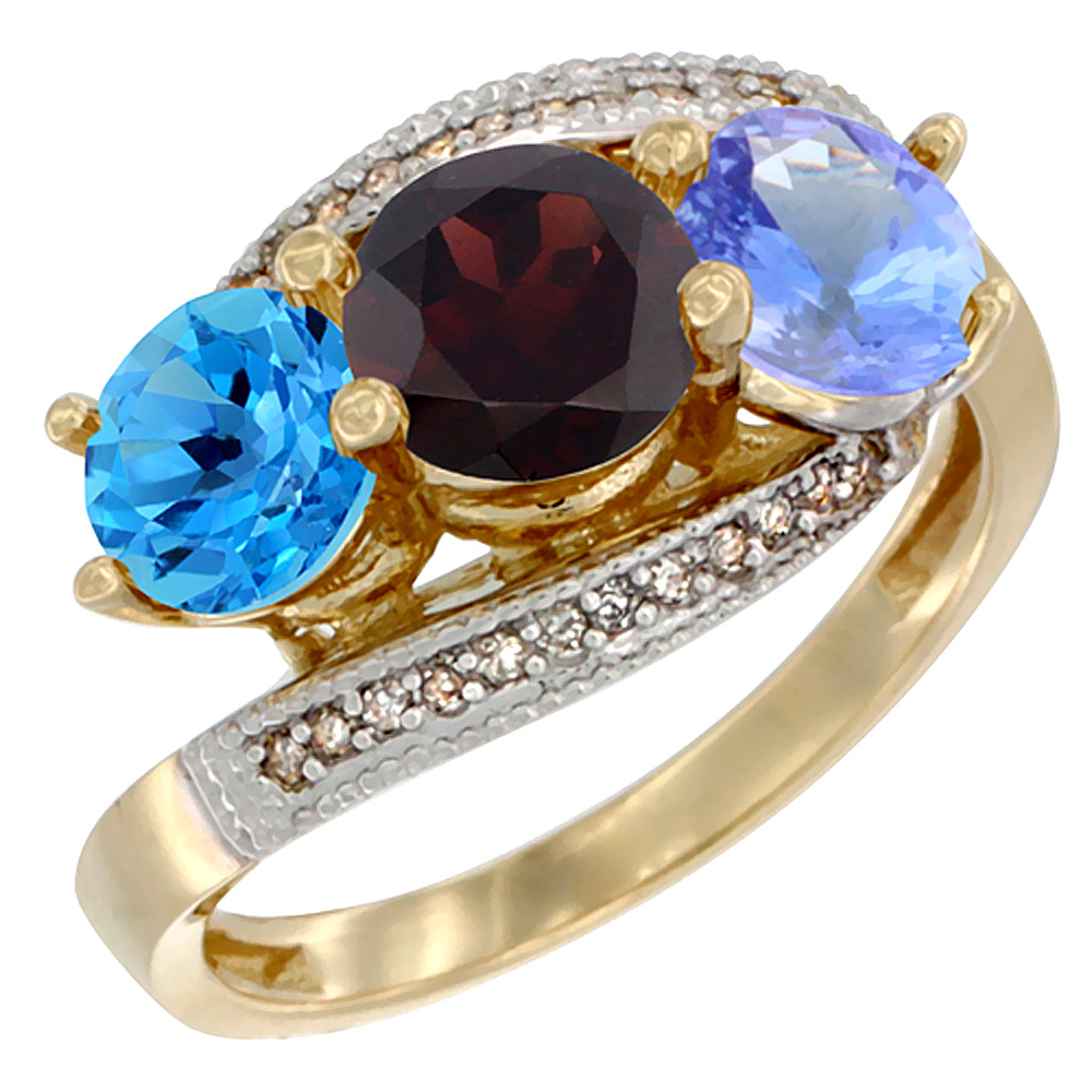 14K Yellow Gold Natural Swiss Blue Topaz, Garnet & Tanzanite 3 stone Ring Round 6mm Diamond Accent, sizes 5 - 10