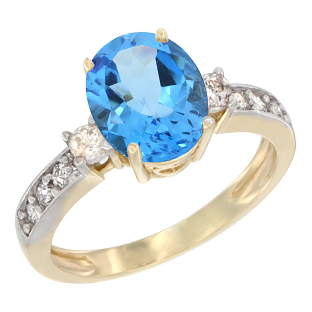 10K White Gold Genuine Blue Topaz Ring Oval 9x7 mm Diamond Accent sizes 5 - 10