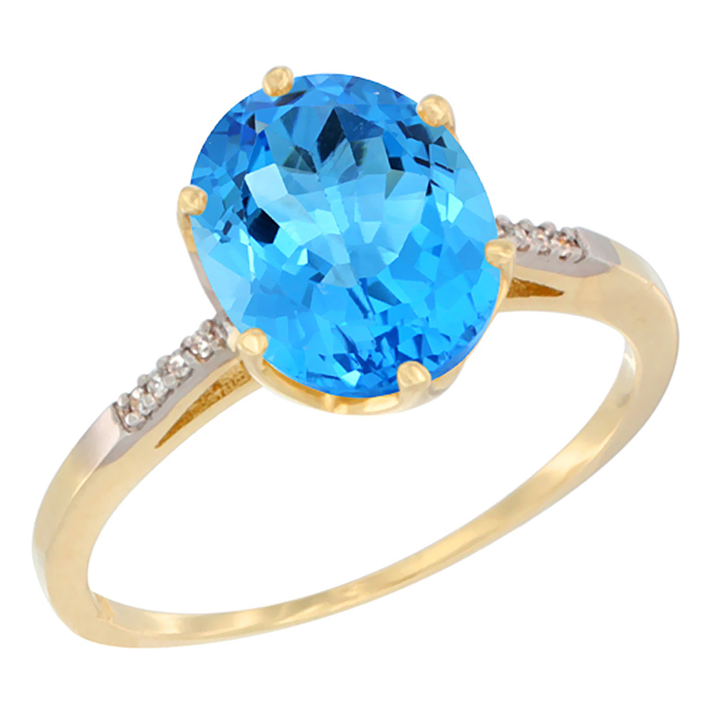 10K Yellow Gold Genuine Blue Topaz Engagement Ring 10x8 mm Oval sizes 5 - 10