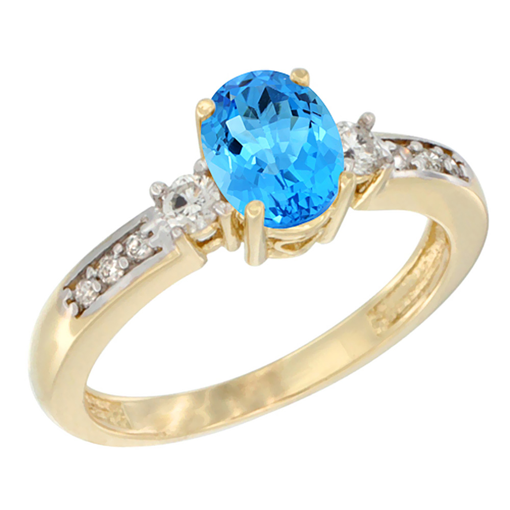 10K White Gold Diamond Genuine Blue Topaz Engagement Ring Oval 7x5 mm sizes 5 - 10