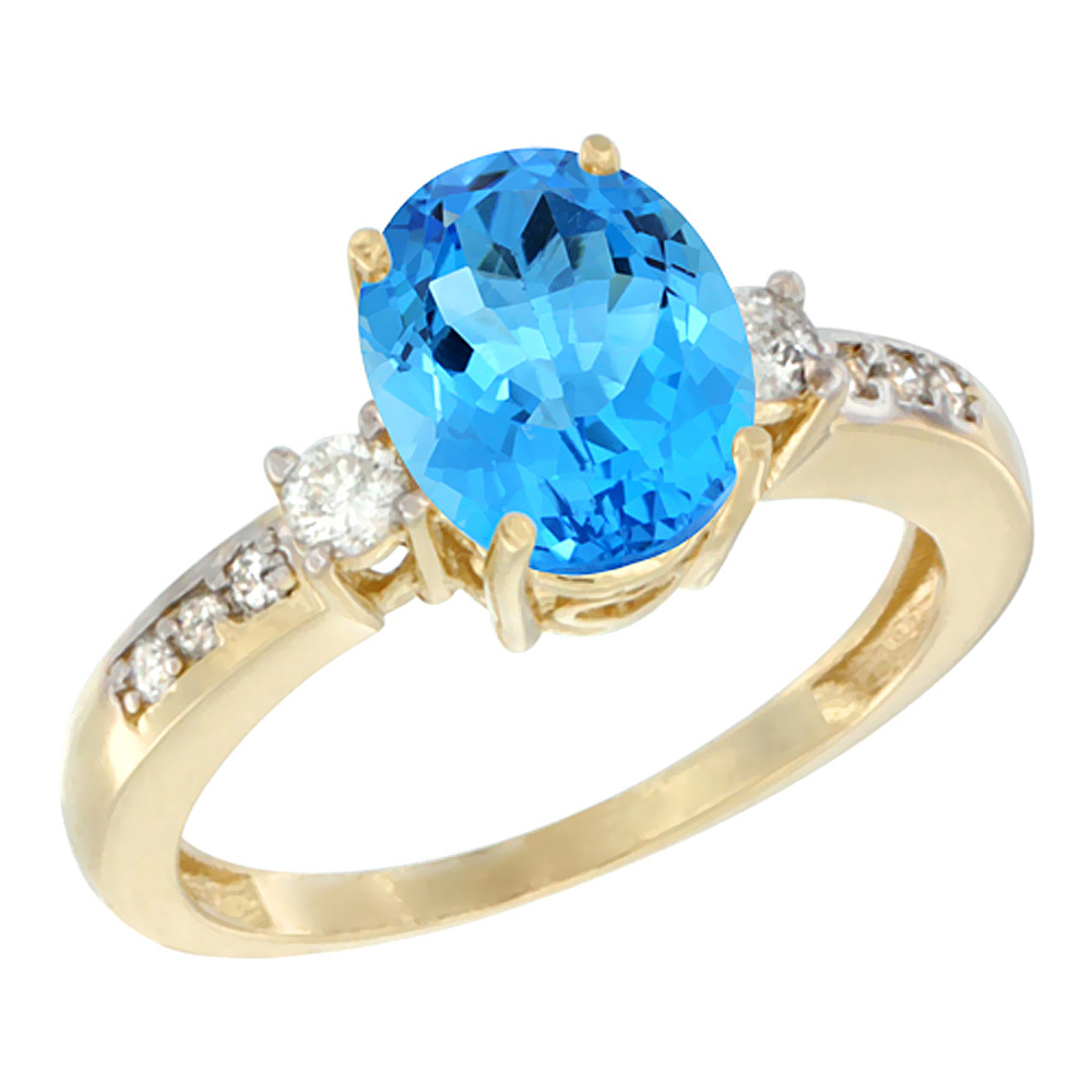 10k Yellow Gold Genuine Blue Topaz Ring Oval 9x7 mm Diamond Accent sizes 5 - 10