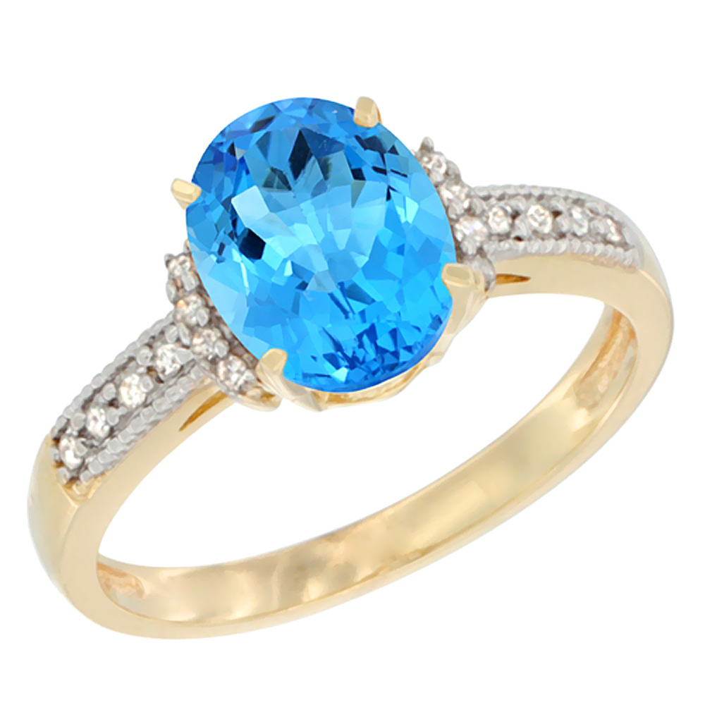 10K Yellow Gold Genuine Blue Topaz Ring Oval 9x7 mm Diamond Accent sizes 5 - 10