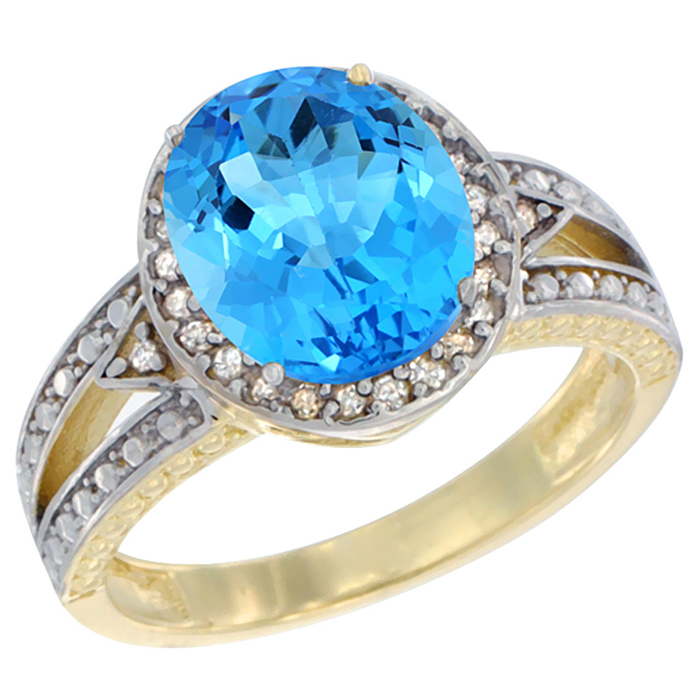 10k Yellow Gold Genuine Blue Topaz Ring Oval 9x7 mm Diamond Halo sizes 5 - 10