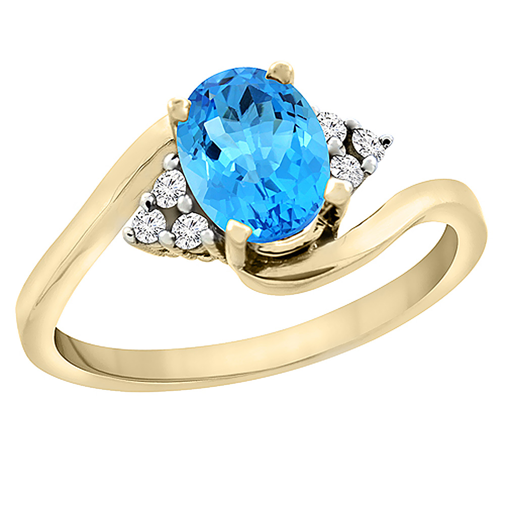 10K White Gold Diamond Genuine Blue Topaz Engagement Ring Oval 7x5mm sizes 5 - 10