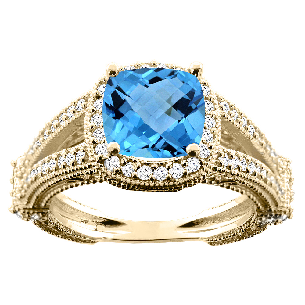 10K Gold Genuine Blue Topaz Ring Halo Cushion Cut 8x8mm Diamond Accent 3/8 inch sizes 5 - 10