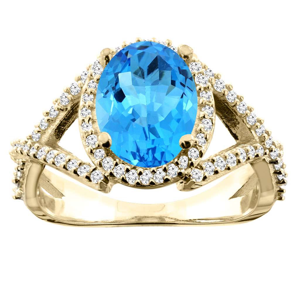 10K White/Yellow/Rose Gold Genuine Blue Topaz Ring Halo Oval 10x8mm Diamond Accent sizes 5 - 10