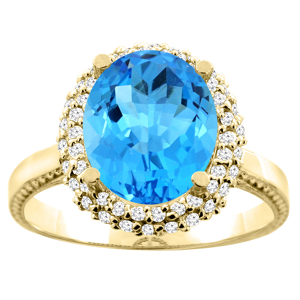 10K White/Yellow Gold Genuine Blue Topaz Double Halo Ring Oval 10x8mm Diamond Accent sizes 5 - 10