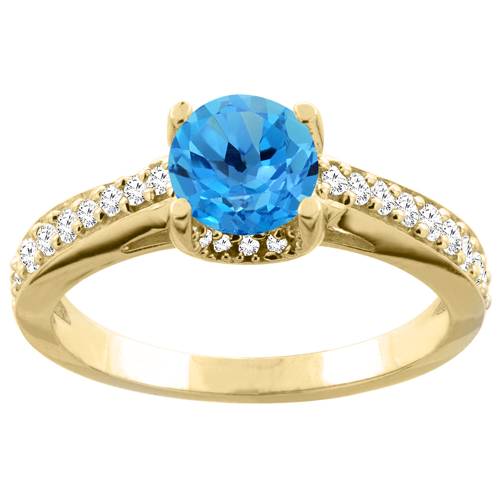 10K Gold Genuine Blue Topaz Ring Round 6mm Diamond Accent 1/4 inch wide sizes 5 - 10