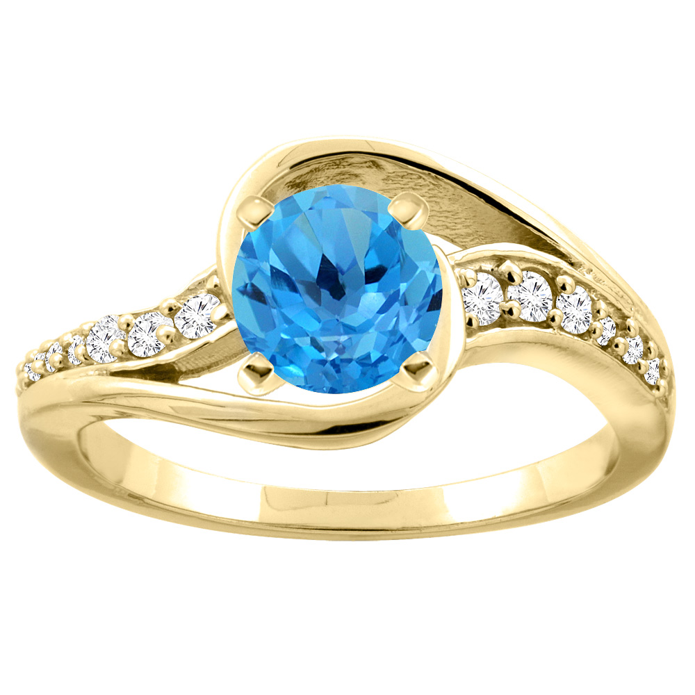 10K Gold Genuine Blue Topaz Bypass Ring Round 6mm Diamond Accent sizes 5 - 10