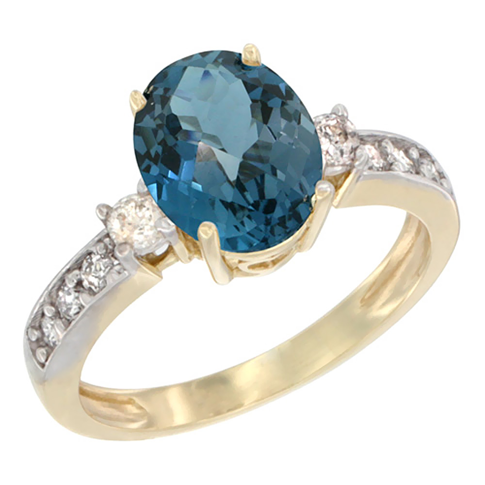 10K White Gold Natural London Blue Topaz Ring Oval 9x7 mm Diamond Accent, sizes 5 - 10