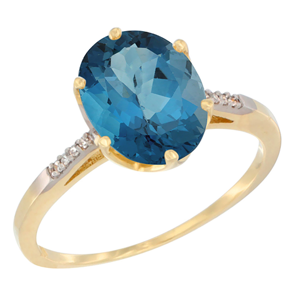 14K Yellow Gold Natural London Blue Topaz Engagement Ring 10x8 mm Oval, sizes 5 - 10