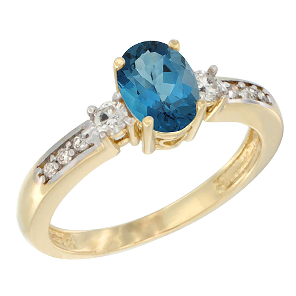 14K White Gold Diamond Natural London Blue Topaz Engagement Ring Oval 7x5 mm, sizes 5 - 10