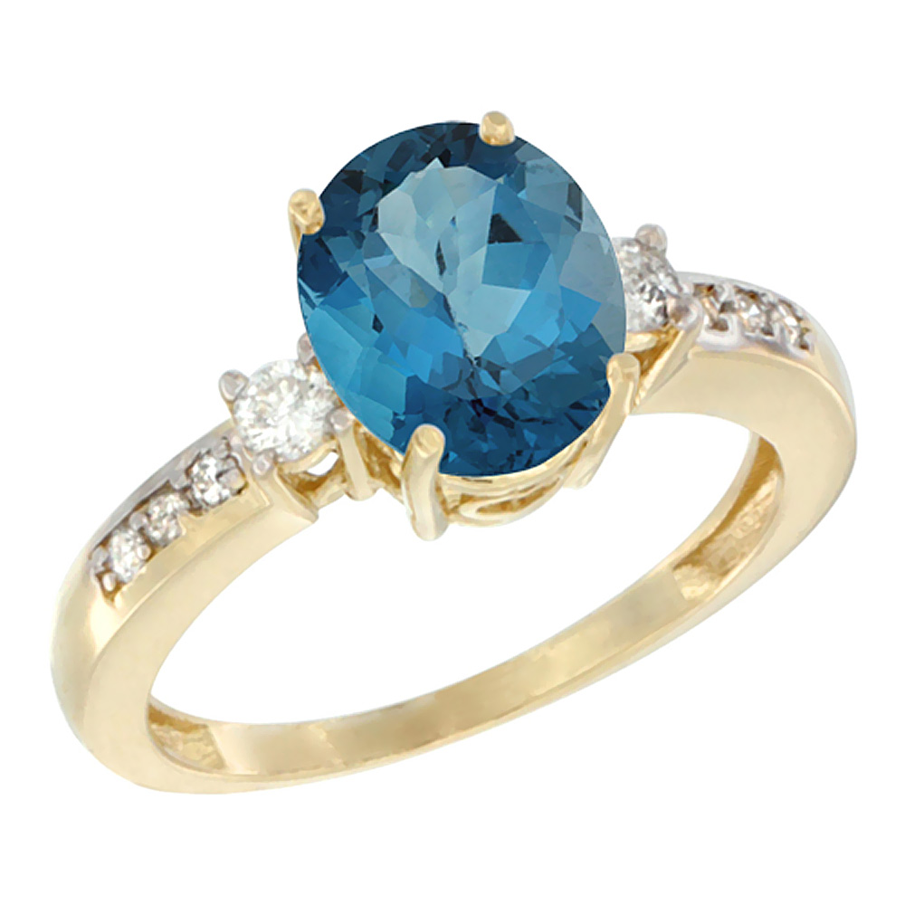 14K Yellow Gold Natural London Blue Topaz Ring Oval 9x7 mm Diamond Accent, sizes 5 - 10