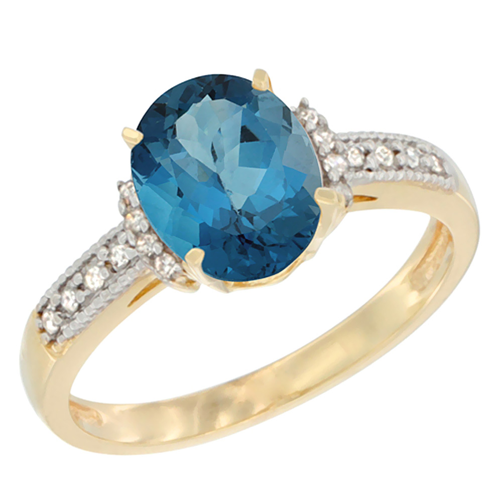 14K Yellow Gold Natural London Blue Topaz Ring Oval 9x7 mm Diamond Accent, sizes 5 - 10