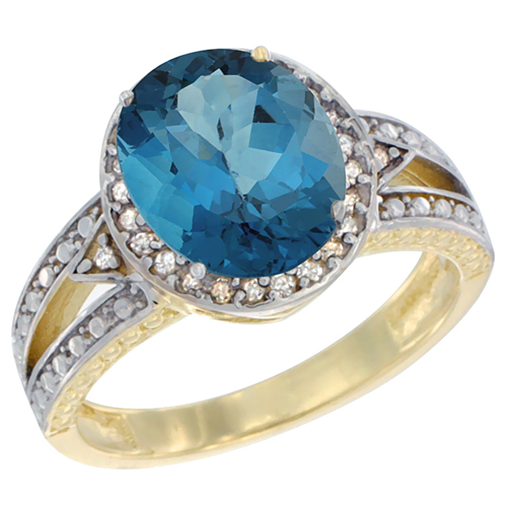 14K Yellow Gold Natural London Blue Topaz Ring Oval 9x7 mm Diamond Halo, sizes 5 - 10