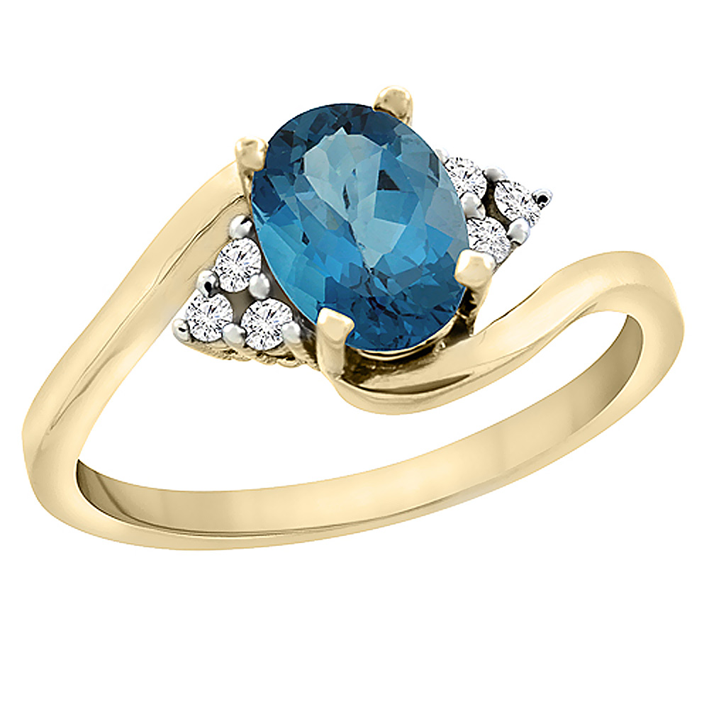 14K White Gold Diamond Natural London Blue Topaz Engagement Ring Oval 7x5mm, sizes 5 - 10