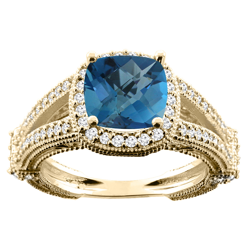 10K White/Yellow/Rose Gold Natural London Blue Topaz Cushion 8x8mm Diamond Accent 3/8 inch wide, sizes 5 - 10