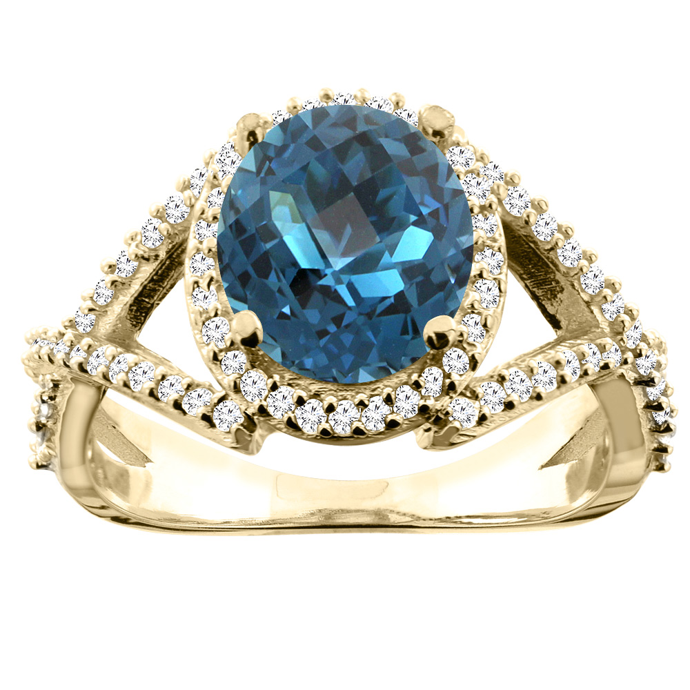 10K Yellow Gold Natural London Blue Topaz Ring Oval 9x7mm Diamond Accent, size 5