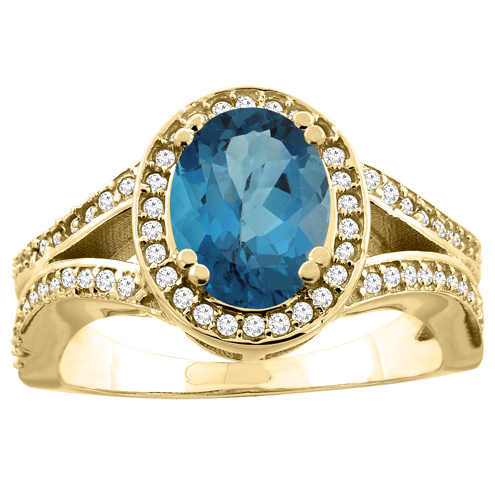 14k Gold Diamond Halo Genuine London Blue Topaz Ring Split Shank Oval 8x6mm, size 5-10