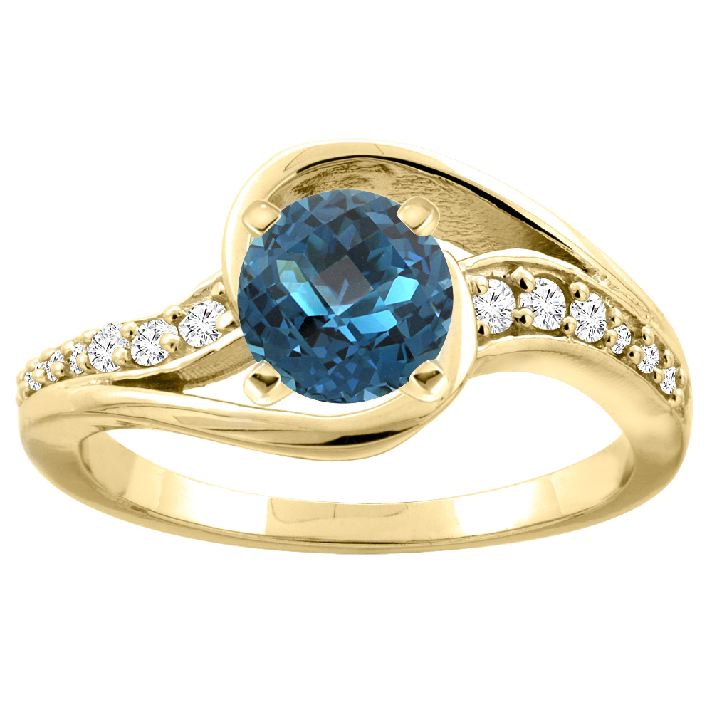 14K White/Yellow Gold Natural London Blue Topaz Bypass Ring Round 6mm Diamond Accent, sizes 5 - 10