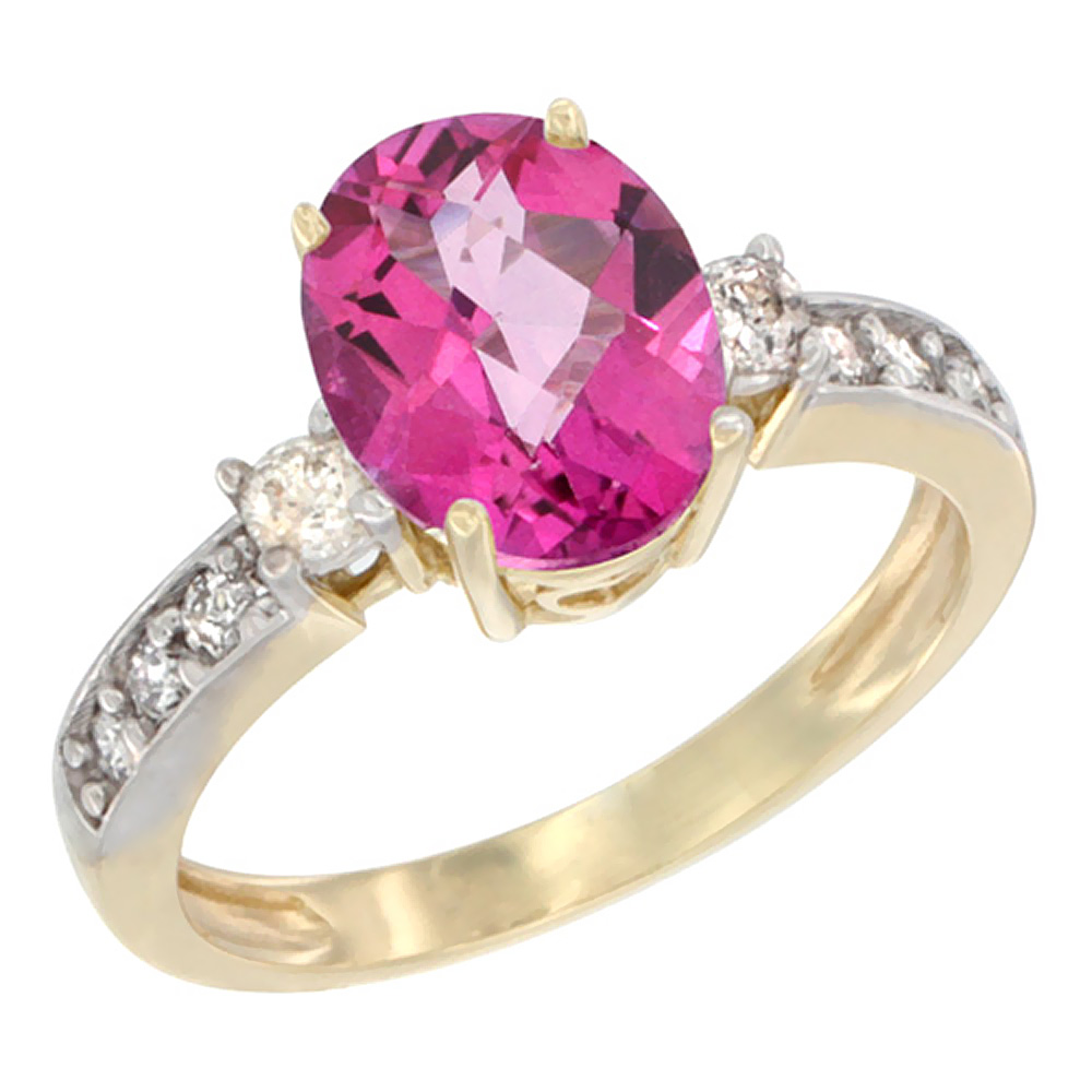 10K White Gold Natural Pink Topaz Ring Oval 9x7 mm Diamond Accent, sizes 5 - 10