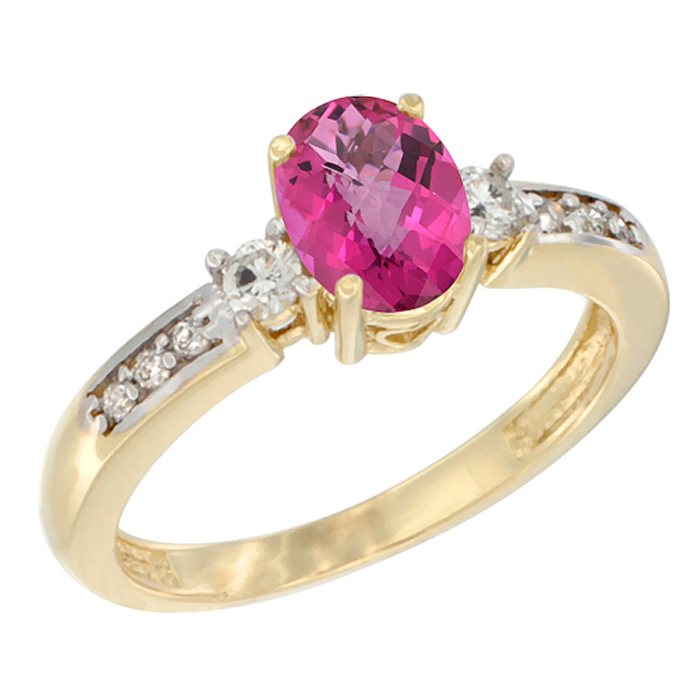 10K White Gold Diamond Natural Pink Topaz Engagement Ring Oval 7x5 mm, sizes 5 - 10