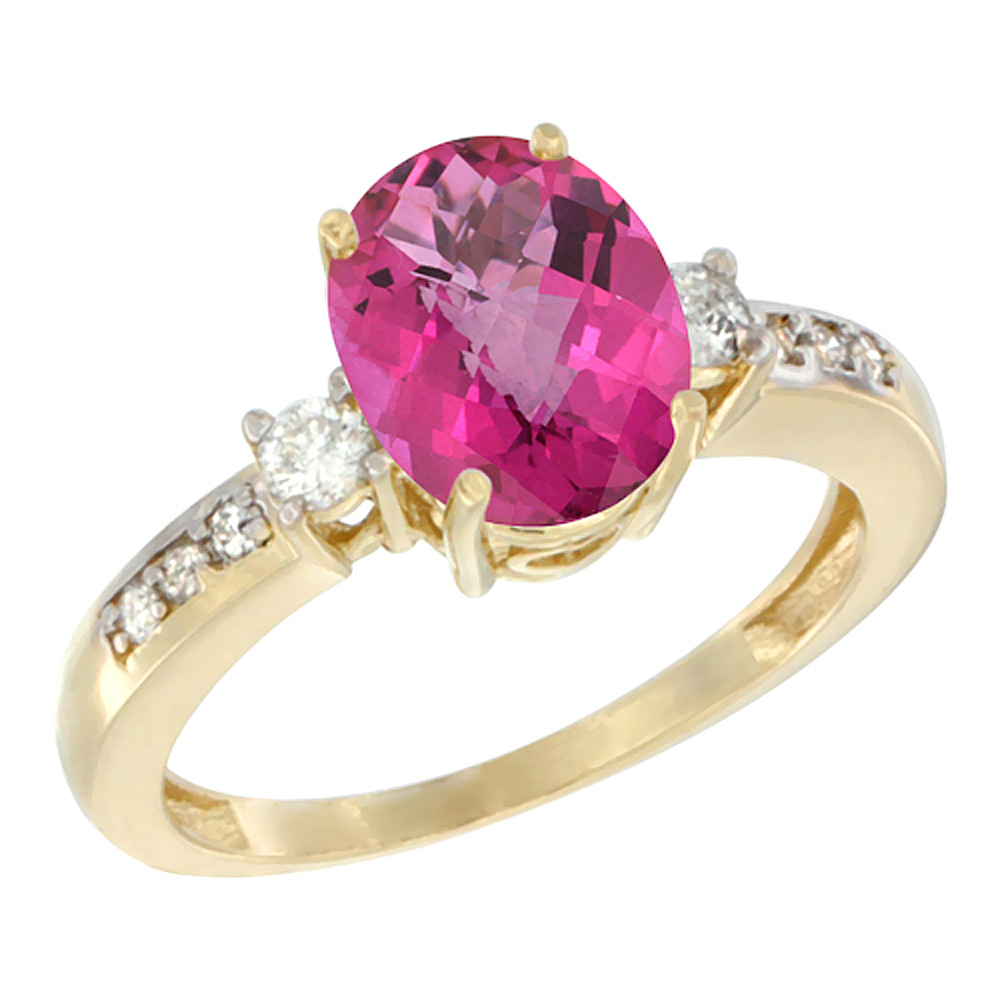 10k Yellow Gold Natural Pink Topaz Ring Oval 9x7 mm Diamond Accent, sizes 5 - 10