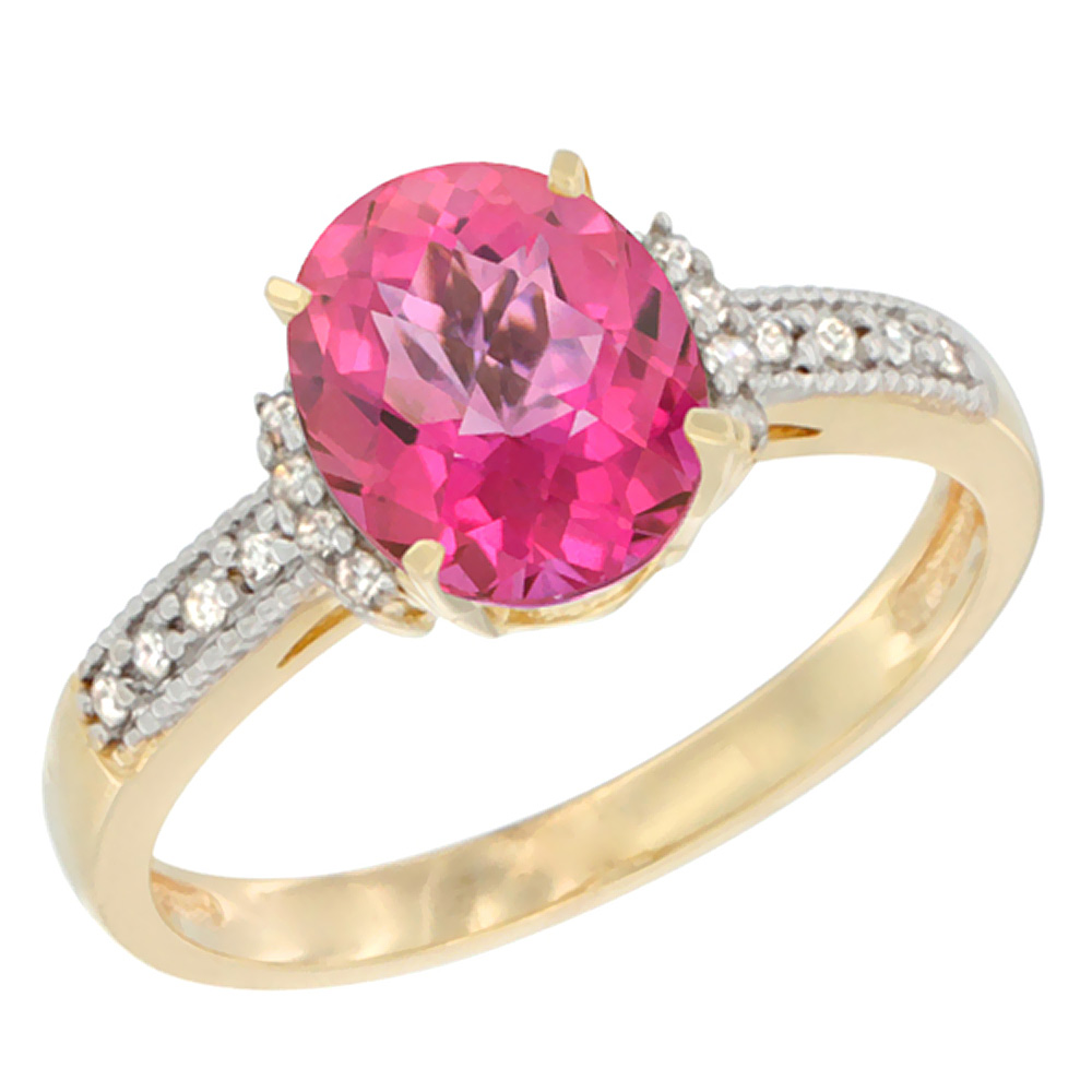 10K Yellow Gold Natural Pink Topaz Ring Oval 9x7 mm Diamond Accent, sizes 5 - 10