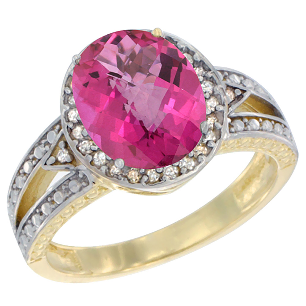 10k Yellow Gold Natural Pink Topaz Ring Oval 9x7 mm Diamond Halo, sizes 5 - 10