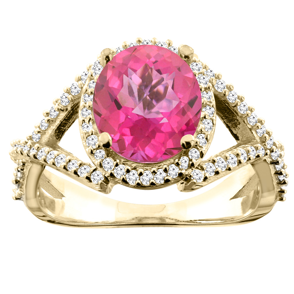 10K Yellow Gold Natural Pink Topaz Ring Oval 9x7mm Diamond Accent, size 5