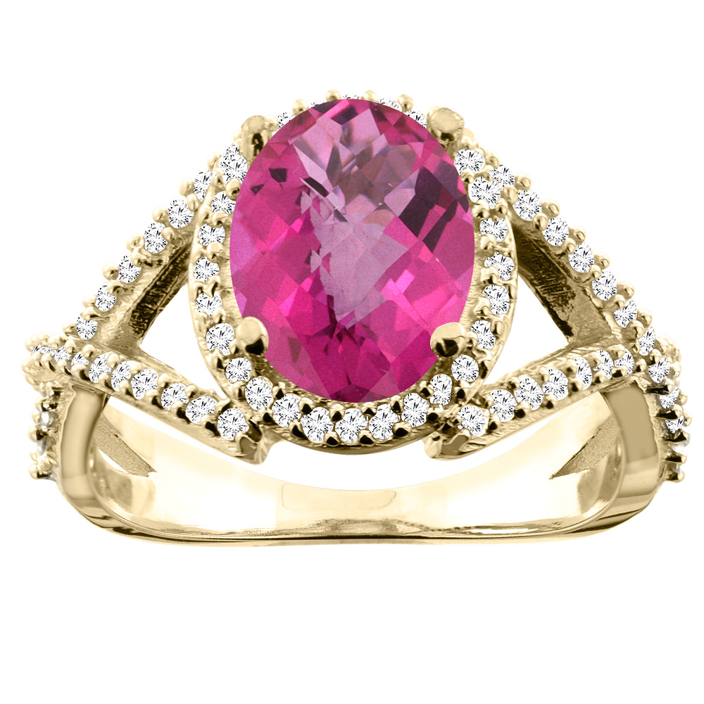 10K White/Yellow/Rose Gold Natural Pink Topaz Ring Oval 10x8mm Diamond Accent, sizes 5 - 10