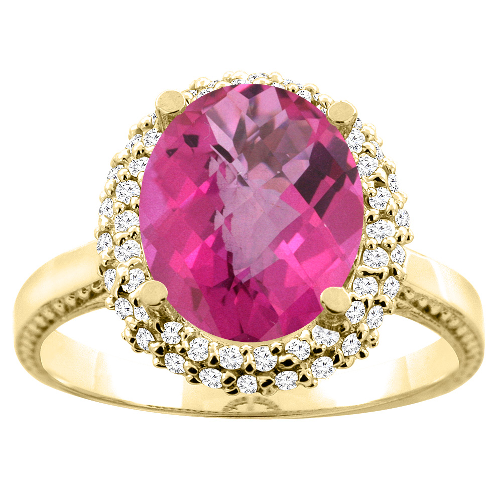 10K White/Yellow Gold Natural Pink Topaz Double Halo Ring Oval 10x8mm Diamond Accent, sizes 5 - 10