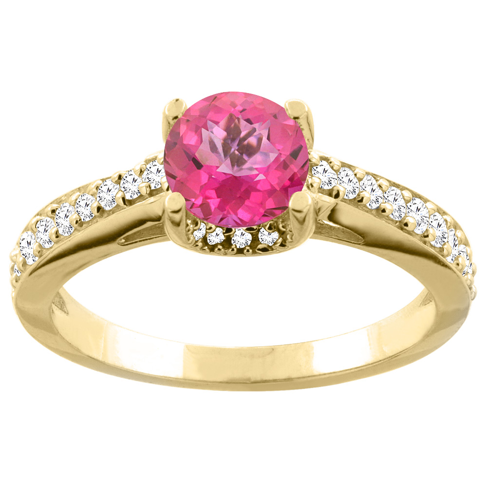 10K Yellow Gold Natural Pink Topaz Ring Round 6mm Diamond Accents 1/4 inch wide, sizes 5 - 10