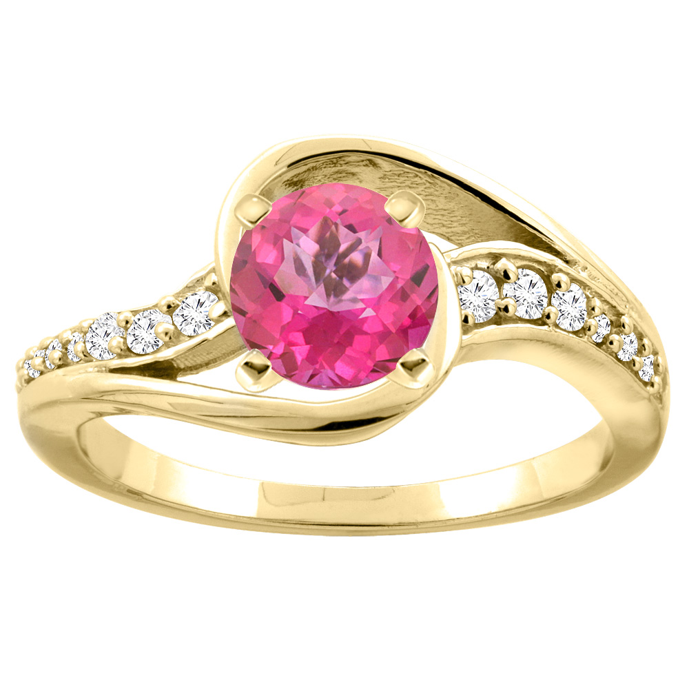 10K White/Yellow Gold Natural Pink Topaz Bypass Ring Round 6mm Diamond Accent, sizes 5 - 10