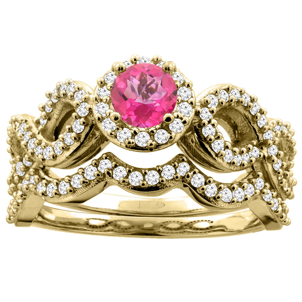 10K White Gold Natural Pink Topaz Engagement Halo Ring Round 5mm Diamond 2-piece Accents, sizes 5 - 10