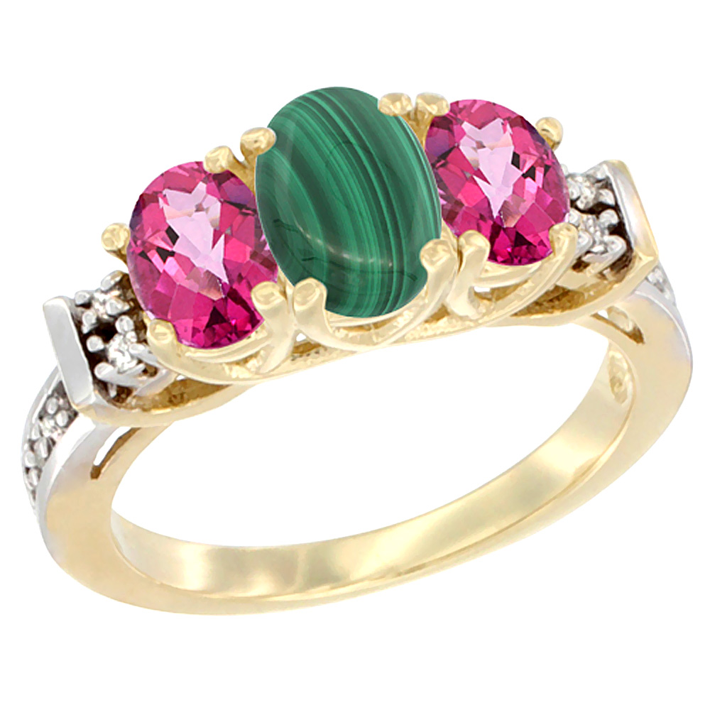 14K Yellow Gold Natural Malachite & Pink Topaz Ring 3-Stone Oval Diamond Accent