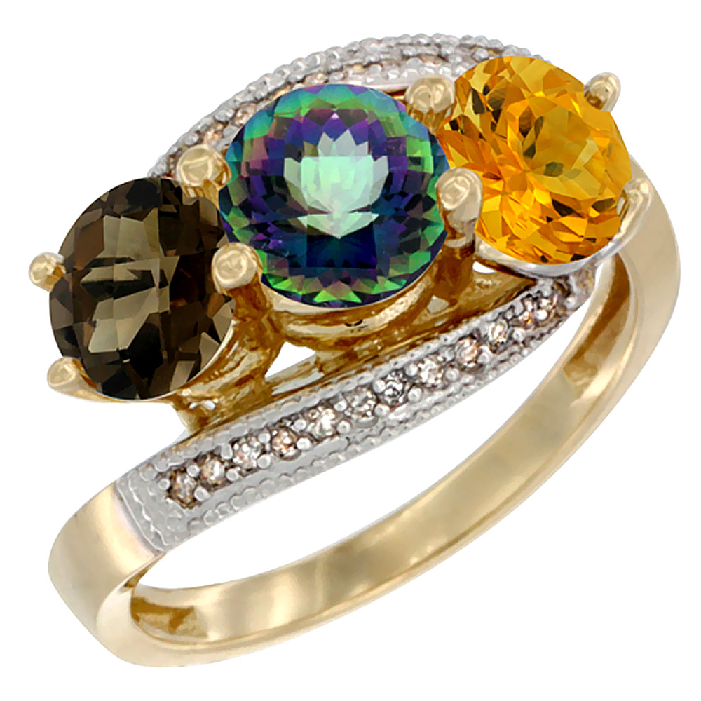10K Yellow Gold Natural Smoky Topaz, Mystic Topaz & Citrine 3 stone Ring Round 6mm Diamond Accent, sizes 5 - 10